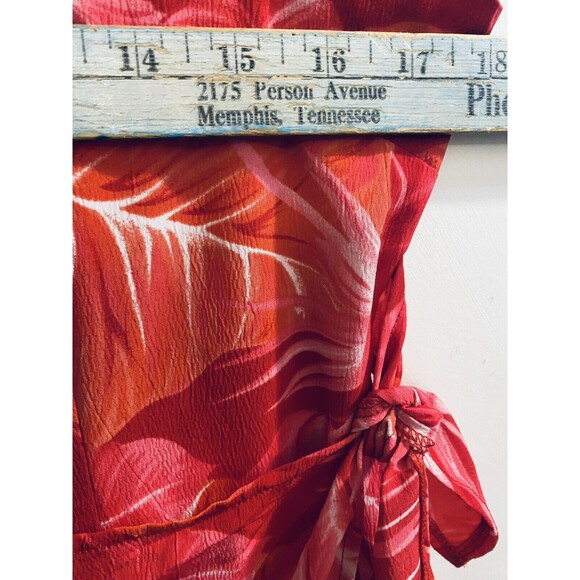 R K Originals Dress 10P Petites Red Pink Faux Wrap Tropical Floral Sleeveless - Picture 10 of 16
